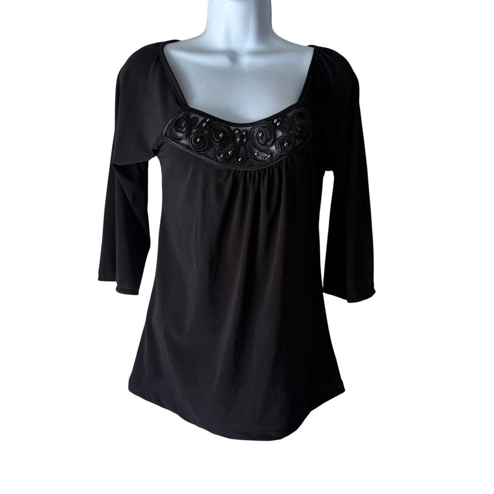 Agenda Y2k Black Embellished Top 3/4 Sleeve Blouse Grunge Whimsigoth Fairy